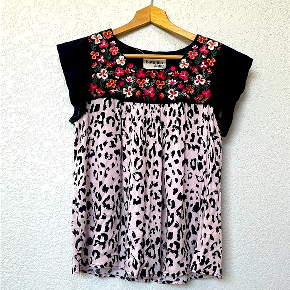 Savanna Jane Blouse Top Floral Embroidered Animal Print Black Pink size Small - Picture 2 of 10